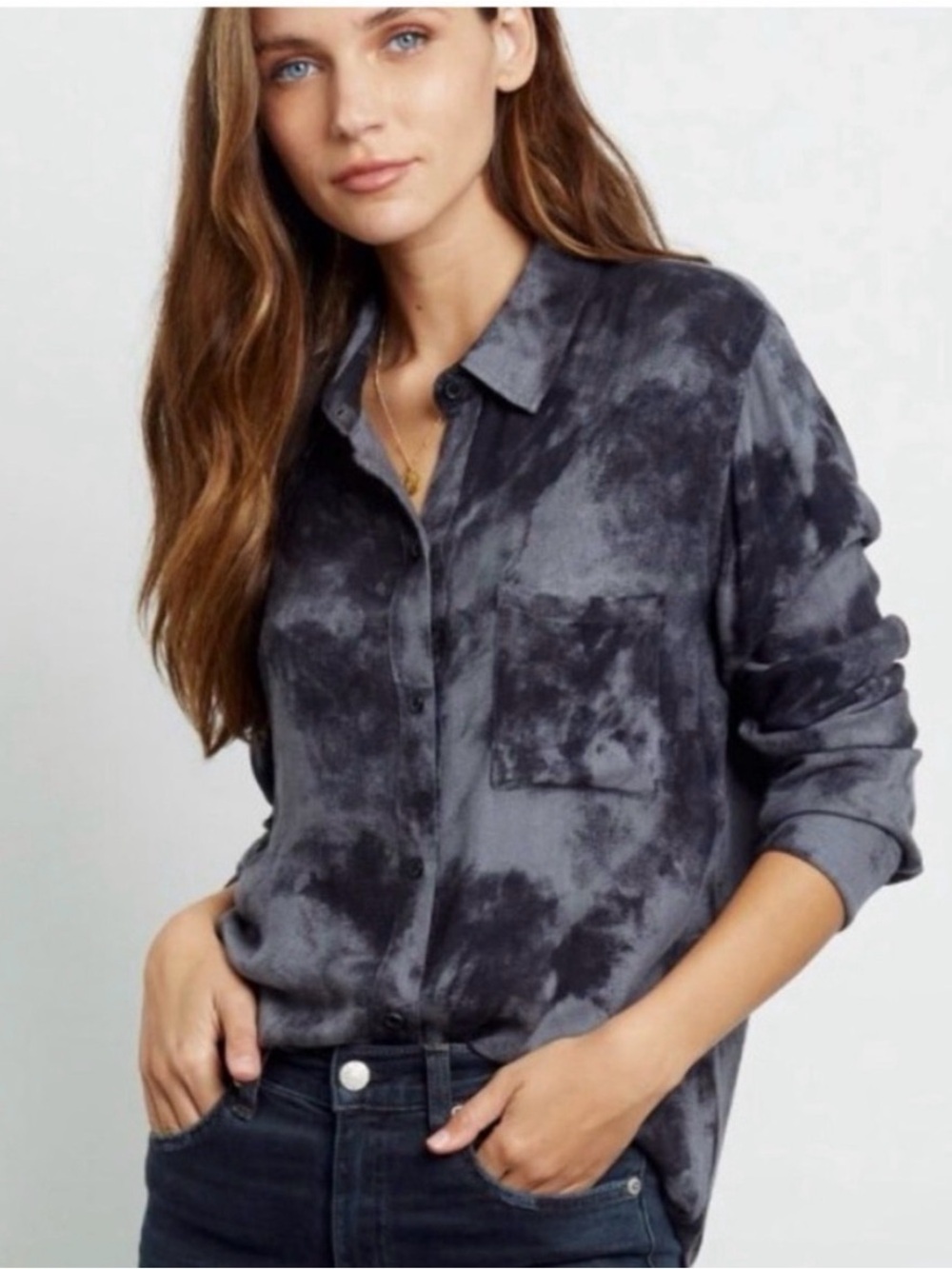 Rails Charli Gray Black Tie Dye Button Front 100% Rayon Shirt Blouse Small